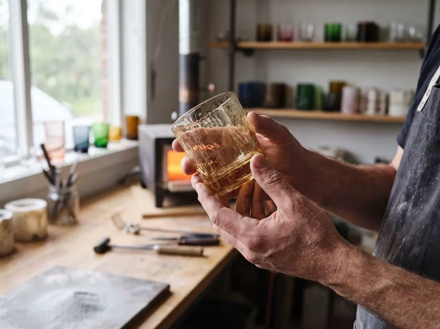 Détail d’un verre à whisky texturé